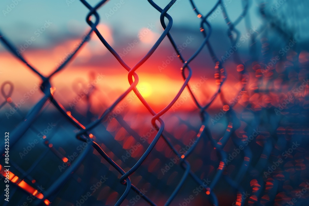 A vivid sunset forms a beautiful backdrop behind the silhouette of a chain-link fence, conveying themes of freedom and constraint A vivid sunset forms a beautiful backdrop behind the silhouette of a chain-link fence, conveying themes of freedom and constraint