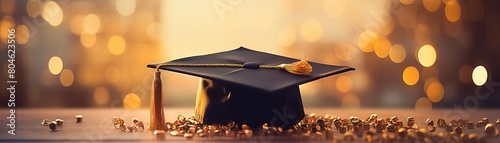 A black graduation cap rests on a table covered in gold glitter. The cap is illuminated by a warm light, and the glitter sparkles in the background.