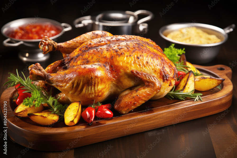generated illustration roasted chicken or turkey with potatoes on table, dish for holiday, thanksgiving.