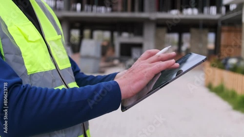 Hands of engineer using touchscreen on digital tablet with stylus while standing in reflective vest on construction site checking blueprints, close up, background.