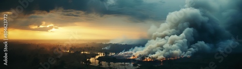 A vast landscape is on fire, with thick smoke billowing into the sky