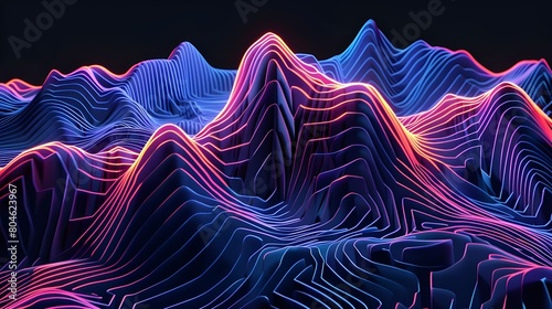 3d topography vaporware vector art, neon lines, peaceful poster