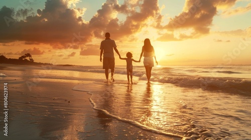 A family consisting of parents and children strolling along the shore of a beach as the sun sets in the background, casting a warm glow over the scene.