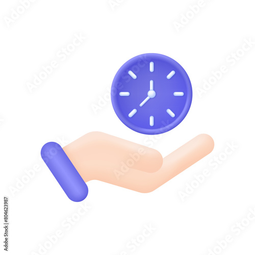 3D Hands holding clock icon. Self organization, Time management, time set, timing, day planning concept. Trendy and modern vector in 3D style