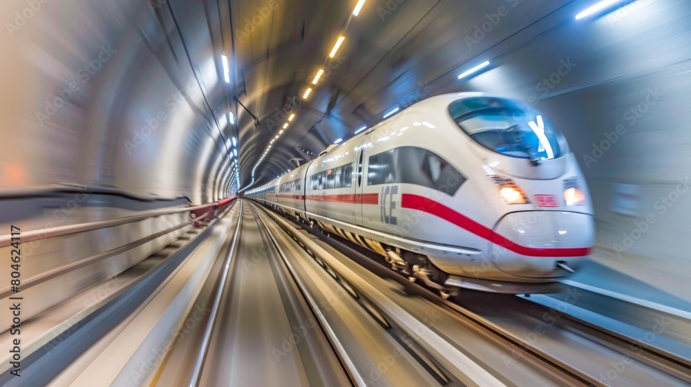 Blurred motion of a high-speed train slicing through a tunnel, a symbol of progress.