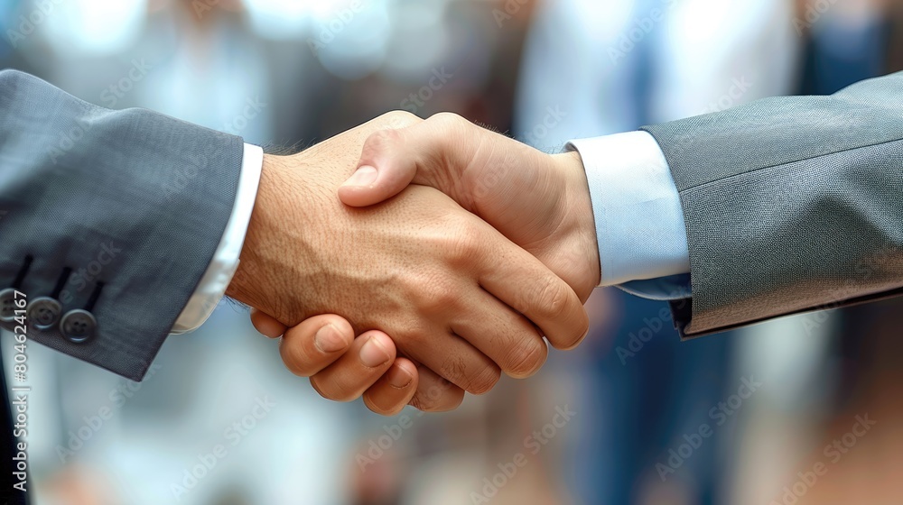 A business handshake between two people in suits. A business handshake between two people in suits.