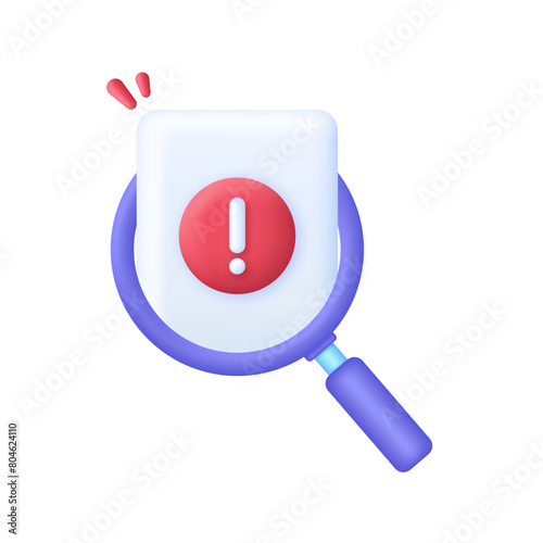 3D File and magnifying glass. Concept of analyze project. Exclamation concept. Trendy and modern vector in 3d style