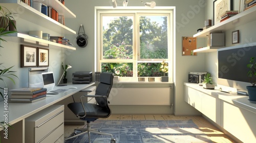 A room featuring a desk, chair, and a window. The desk is neatly organized, a chair is pushed in, and sunlight floods in through the window.