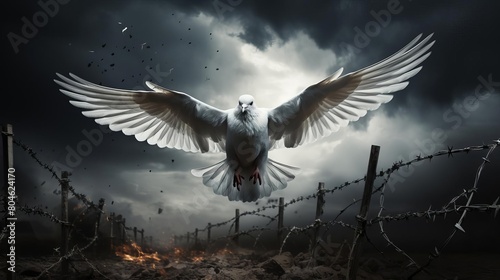 A lone white dove flies over a barbed wire fence  a symbol of hope and peace in the midst of war and destruction.