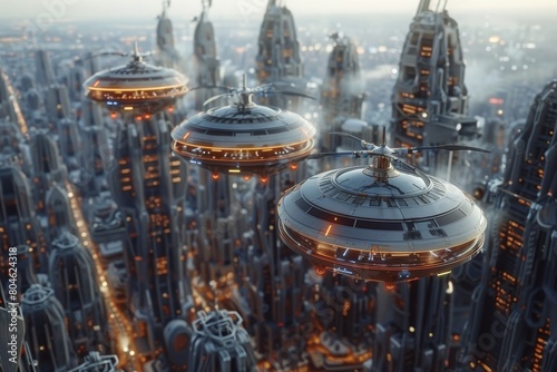 A top view of a futuristic city with spinning aerial traffic control towers and vehicles
