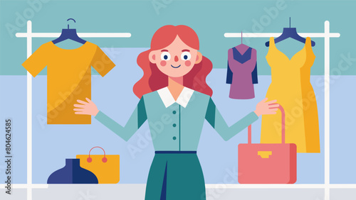A savvy shopper proudly shows off her latest find a statement piece from a highend designer spotted ast the racks of discounted consignment clothing.. Vector illustration