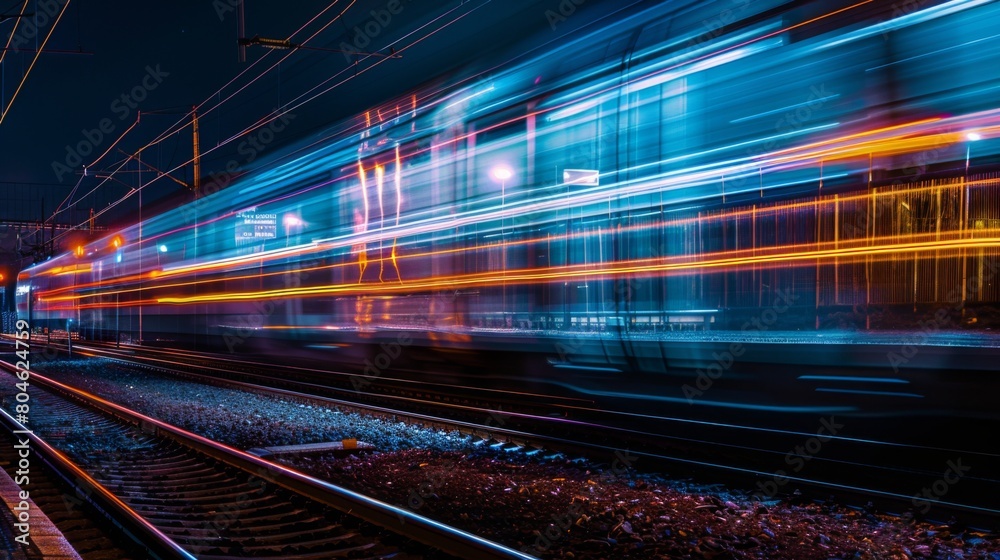 Blurry streaks of light as a high-speed train races through the night. Feel the thrill of velocity.