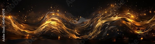 An abstract background of a glowing golden wave flowing over a reflective black surface photo