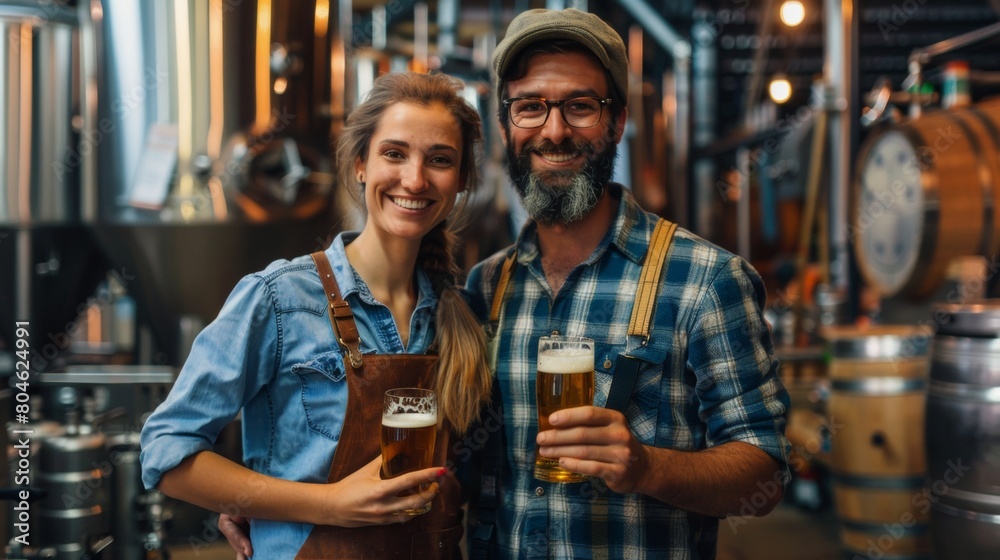 Happy man and woman posing with craft beers in a brewery, smiling for a portrait