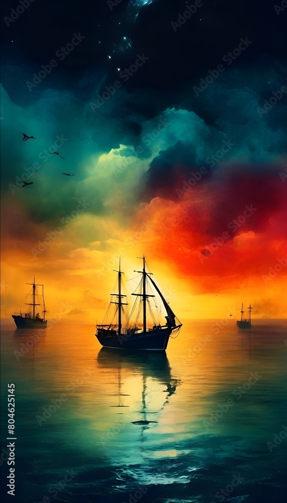 Fototapeta premium Bunte Nacht am Meer. Wallpaper für Telefon 3.