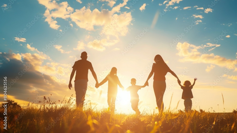 Silhouetted family of four holding hands in a field, with the sun setting behind them, creating a warm glow. Silhouetted family of four holding hands in a field, with the sun setting behind them, creating a warm glow.