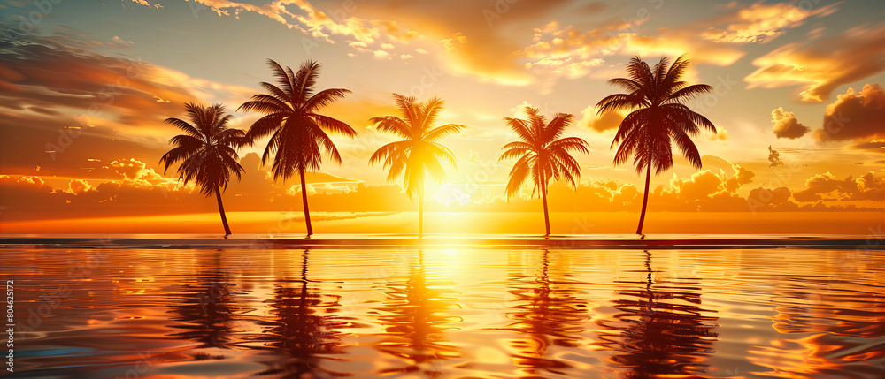 Serene Sunset on a Tropical Beach, Palm Trees Silhouetted Against a Warm Sky, Relaxing Vacation Spot Serene Sunset on a Tropical Beach, Palm Trees Silhouetted Against a Warm Sky, Relaxing Vacation Spot