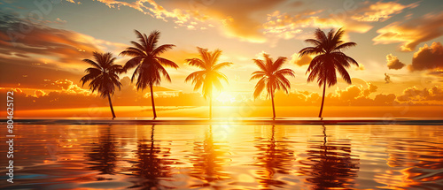 Serene Sunset on a Tropical Beach  Palm Trees Silhouetted Against a Warm Sky  Relaxing Vacation Spot