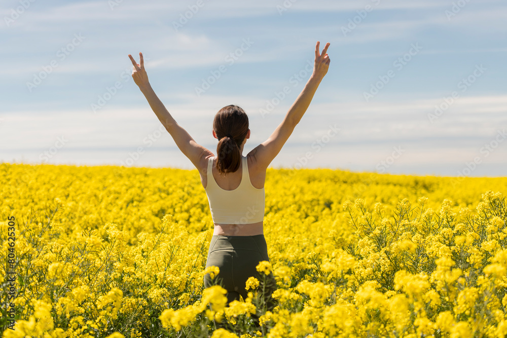 woman arms raised in a yellow field celebrating spring and summer, rear view woman arms raised in a yellow field celebrating spring and summer, rear view