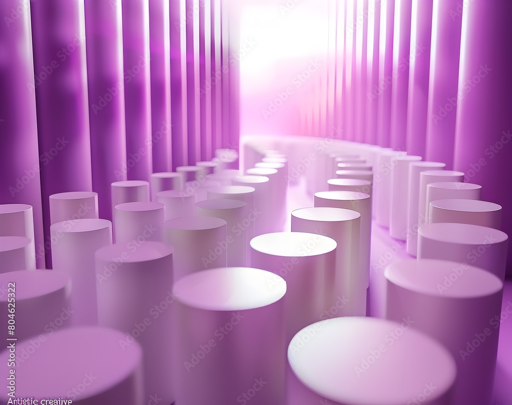 Fototapeta premium 3d render of purple abstract background with white cylinder shapes, 
