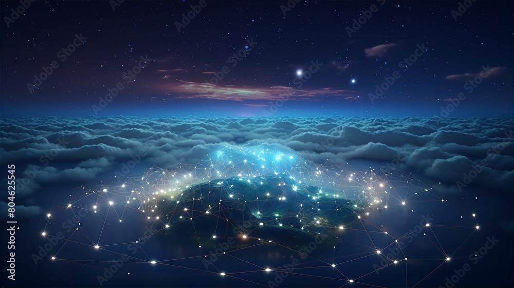 connectivity, technology, earth, sky, stars, night, lines, dots, backdrop, glowing, network, digital, communication, universe, cyberspace, planet, galaxy, design, background, illumination, futuristic