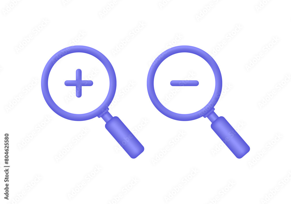 3D Set of magnifying glass icons with plus, minus marks. Trendy and modern vector in 3d style 3D Set of magnifying glass icons with plus, minus marks. Trendy and modern vector in 3d style