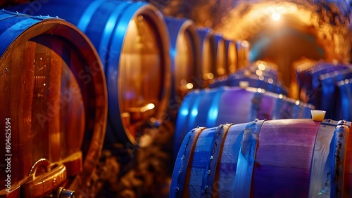 Wine barrels in winery cellar for alcohol storage. Concept Wine, Barrels, Winery, Cellar, Alcohol Storage photo