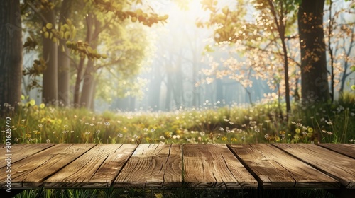 Wooden table and spring forest background. Beautiful simple AI generated image in 4K, unique.