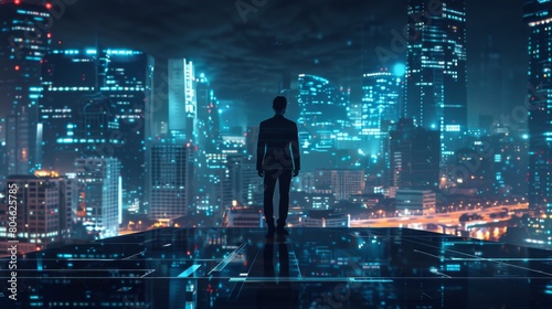 Business technology concept  Professional business man walking on future Bangkok city background and futuristic interface graphic at night  Cyberpunk color style