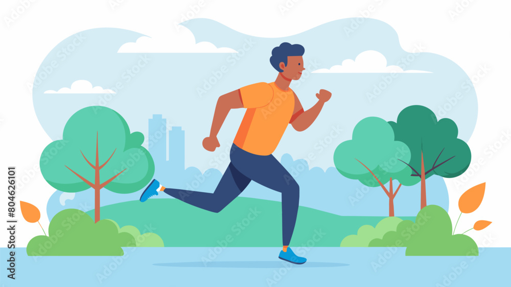 A man going for a run in the park using the physical activity as a way to release endorphins and improve his mood.. Vector illustration A man going for a run in the park using the physical activity as a way to release endorphins and improve his mood.. Vector illustration