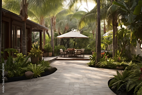 Elegant outdoor garden with tall Fan Palm trees providing shade over a cobblestone path Generative AI,