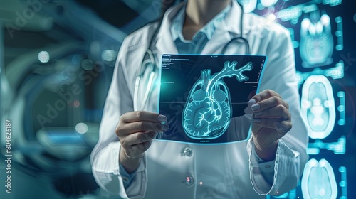 A doctor wearing a lab coat is holding a 3D hologram of a heart.