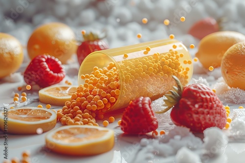 A surreal depiction of vitamin C represented through a pill capsule filled with glossy orange orbs, surrounded by whole and halved fresh oranges and strawber photo