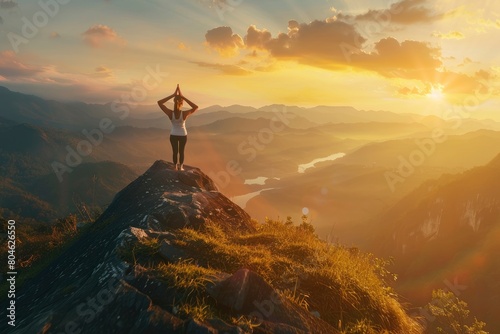 yoga pose on mountain during sunset  International yoga day concept image with copy space for text  World meditation day - generative ai