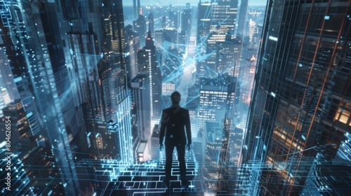 Businessman climbing stairs in city looking at buildings wireframe  skyscrapers in matrix. Concept of futuristic technology  business in metaverse  smart city and global internet connection. New York
