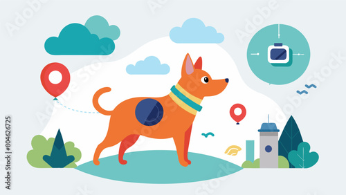 A smart pet tracker that uses GPS technology to locate lost pets and alert owners if they leave designated safe zones.. Vector illustration