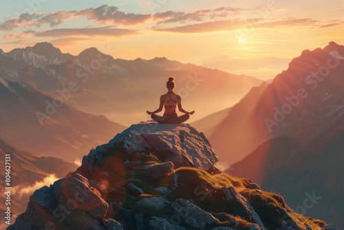 yoga pose on mountain during sunset, International yoga day concept image with copy space for text, World meditation day - generative ai © Nia™
