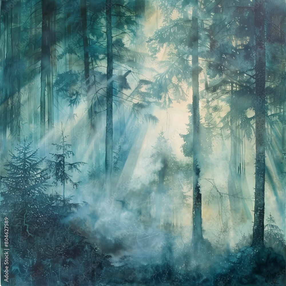 Ethereal sunbeams pierce through the morning fog in a lush green forest, illuminating the towering trees and creating a mystical and serene atmosphere. Ethereal sunbeams pierce through the morning fog in a lush green forest, illuminating the towering trees and creating a mystical and serene atmosphere.