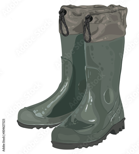 Rubber garden boots for rainy weather, swamp color. Wading shoes for rain. Vector isolated illustration on white background.