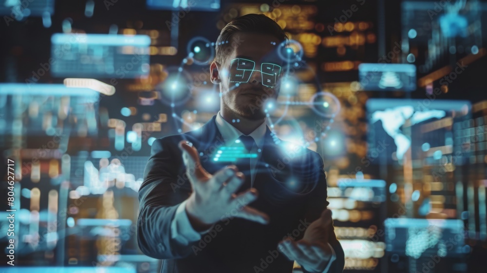 Businessman in suit working with virtual 3d holographic interface screens . Futuristic business, technology, internet and social Businessman in suit working with virtual 3d holographic interface screens . Futuristic business, technology, internet and social