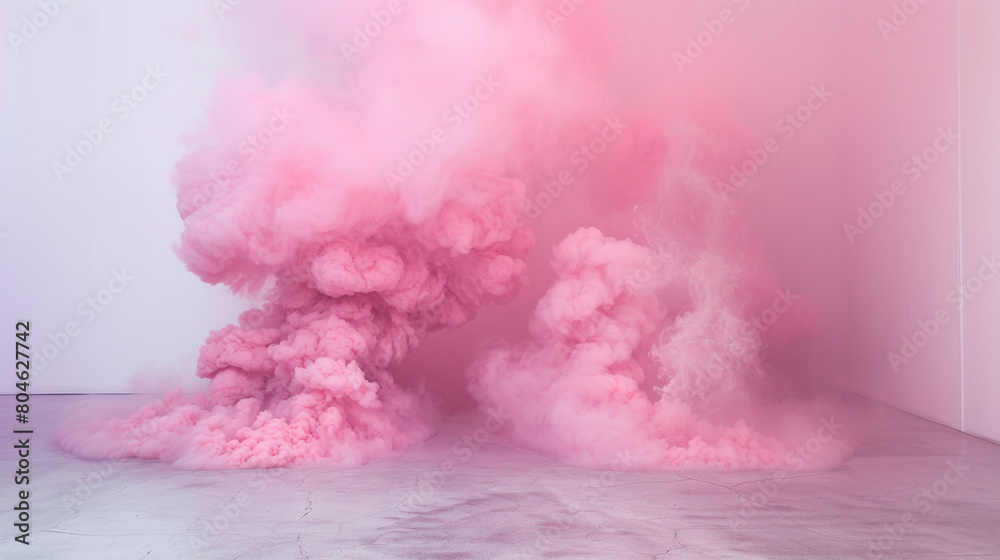 Magenta smoke forms soft billows above a pearl white floor.