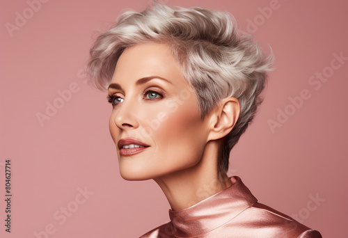 close-up photograph of a beautiful Spanish woman in her 40s, short hair away from her face, skin care editorial,