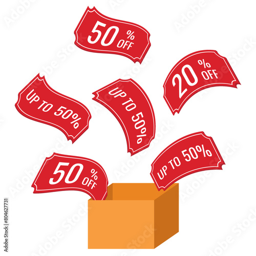 Yellow box with sales discount coupons 3D. Red coupons with discount percentage, vector. 3D gift coupon.
