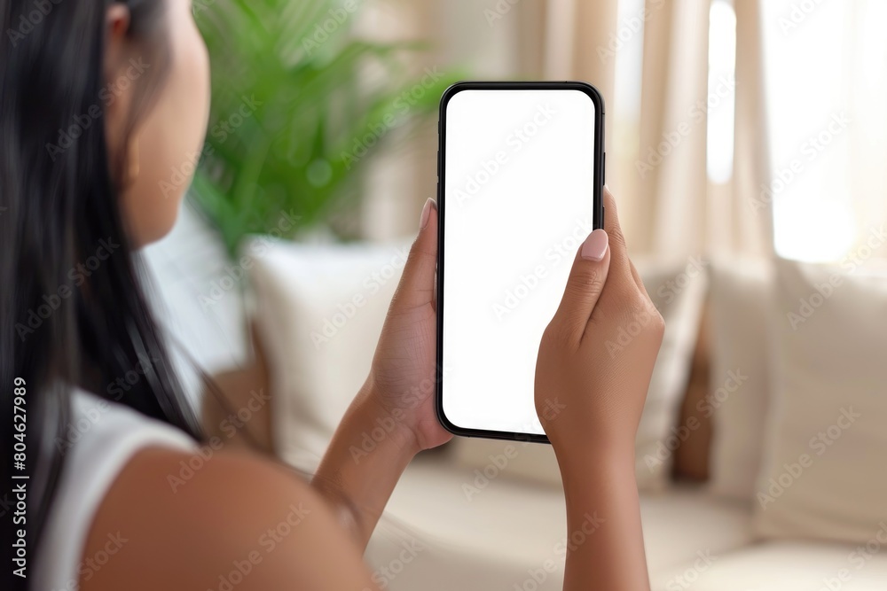 Young Asian woman hands holding cell phone with mockup white blank display, empty screen for app ads at home.