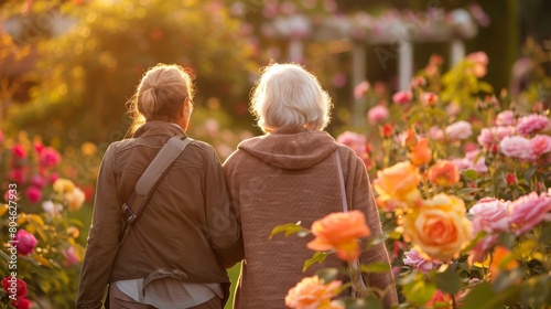 Elderly couple walking through a romantic rose garden at sunset, ideal for themes of love and aging together.
