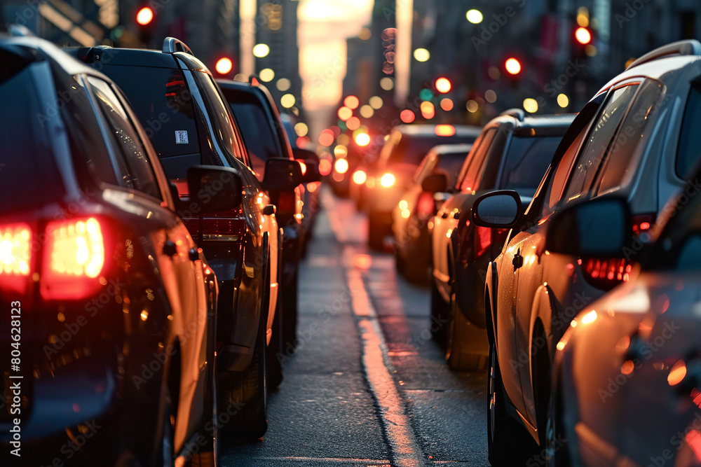 A traffic jam is shown at an intersection during rush hour