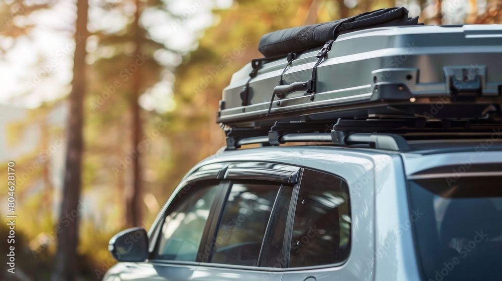Fototapeta premium Close-up of a cars rooftop cargo box, equipped for travel or adventure in a woodland area during the day.