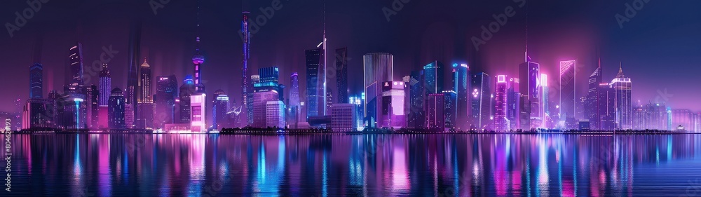 Fototapeta premium Night panorama of the large metropoliscity of cyber wave in futuristic cyberpunk style, neon city at night.