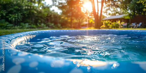 Closeup of round portable plastic pool in garden