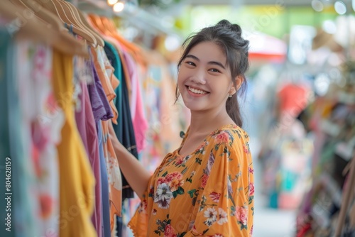 Happy young Asian woman buying new clothes in store. Sale shopping fashion and people concept. © Jouni